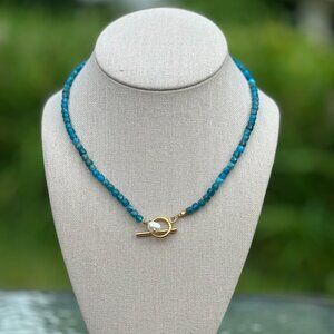 Apatite Gemstone Necklace with Pearl Pendant – Waterproof Toggle Clasp*